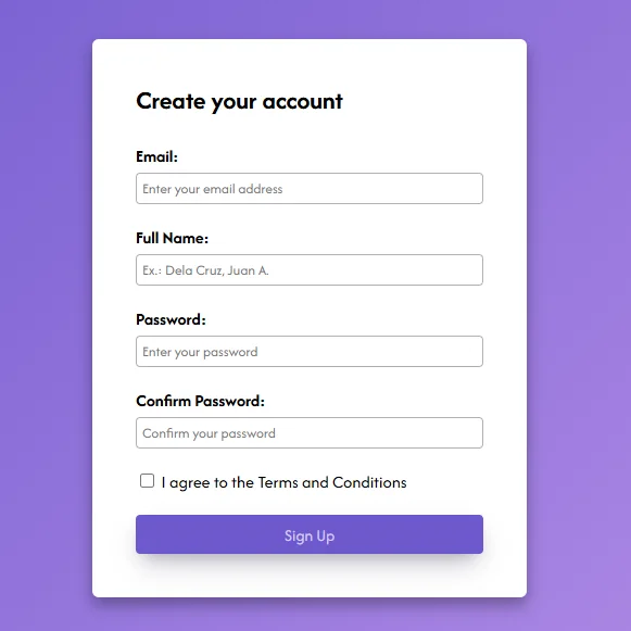 Registration form UI